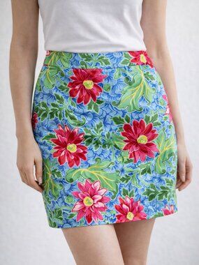 Talbots Floral Skirt Cotton Blue Knee Length Petite 6P